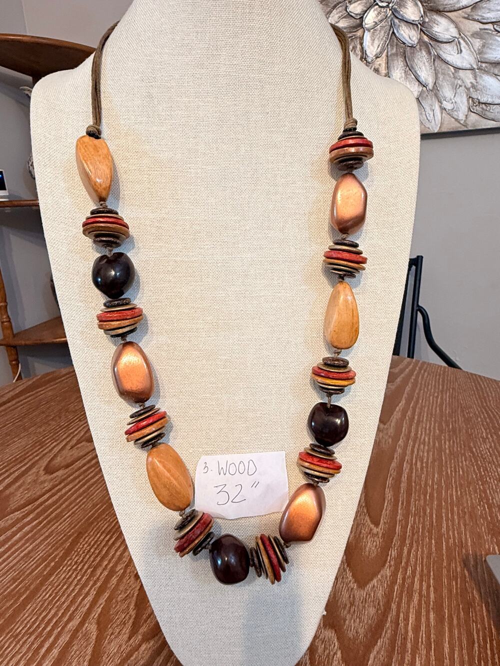 Long Wood Bead Necklace 35” Boho Natural